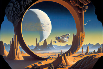 sci fi landscape with mountains and moon