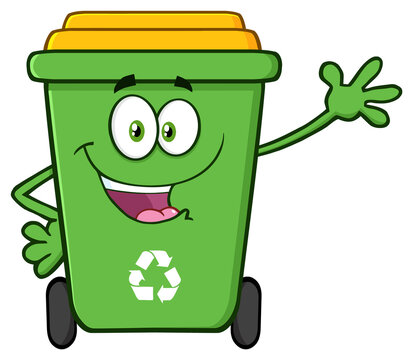 Happy Green Recycle Bin Cartoon Mascot Character Waving For Greeting. Hand Drawn Illustration Isolated On Transparent Background