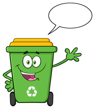 Cute Green Recycle Bin Cartoon Mascot Character Waving For Greeting With Speech Bubble. Hand Drawn Illustration Isolated On Transparent Background