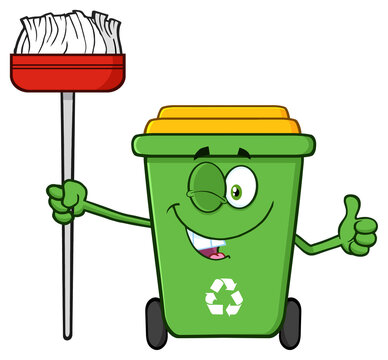 Winking Green Recycle Bin Cartoon Mascot Character Holding A Broom And Giving A Thumb Up. Hand Drawn Illustration Isolated On Transparent Background