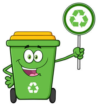 Cute Green Recycle Bin Cartoon Mascot Character Holding A Recycle Sign. Hand Drawn Illustration Isolated On Transparent Background