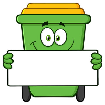 Smiling Green Recycle Bin Cartoon Mascot Character Holding A Blank Sign. Hand Drawn Illustration Isolated On Transparent Background
