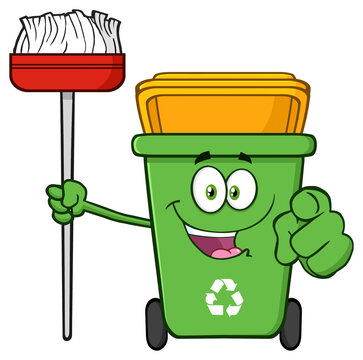 Open Green Recycle Bin Cartoon Mascot Character Holding A Broom And  Pointing For Cleaning. Hand Drawn Illustration Isolated On Transparent Background
