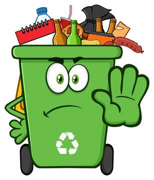 Angry Green Recycle Bin Cartoon Mascot Character Full With Garbage Gesturing Stop. Hand Drawn Illustration Isolated On Transparent Background