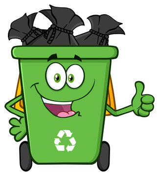 Happy Green Recycle Bin Cartoon Mascot Character Full With Garbage Bags Giving A Thumb Up. Hand Drawn Illustration Isolated On Transparent Background
