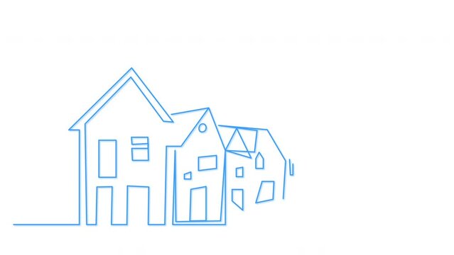 Street, row of residential houses line self drawing animation. Copy space.