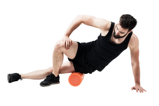 Athlete massaging and stretching iliotibial band muscle with foam roller. Full body length portrait isolated on transparent background.