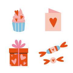 Romantic objects like Gift box, postcard, sweets. Saint Valentine's day presents set, cartoon style. Trendy modern vector illustration isolated on white background, hand drawn, flat