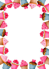 Rectangular vertical frame of cupcakes. Watercolor border for the design of cards, invitations, menus, logos, labels, tags. Clipart for Valentine's Day, birthday, children's holiday.
