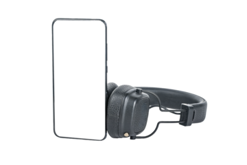 Smartphone display mock up, headphones isolated on white, Black head phones and mobile phone screen mockup for application ads for listening music, audio book, podcast