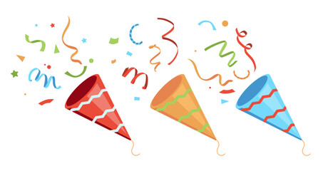 cute party popper confetti set illustration set. confetti isolated, explosion, firecracker, celebration.