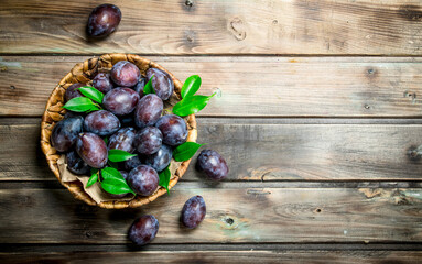 Fresh plums with leaves in a basket.