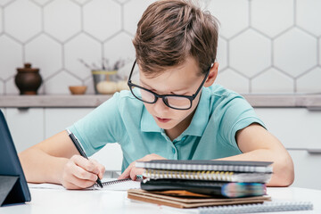 Portrait of preteen serious boy having online lesson, making notes, writing on notebook, holding...