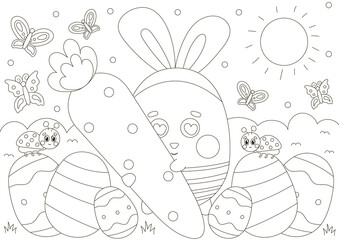 Cute coloring page for easter holidays with buuny character holding giant carrot and flowers