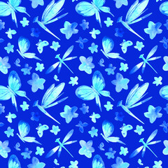 Seamless pattern of watercolor blue butterfly and flowers. Hand drawn illustration. Botanical hand painted floral elements on blue background.