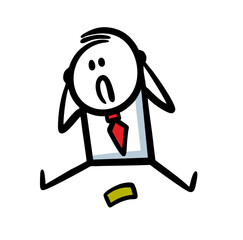 Confused man in a business suit sits on the floor and looks at the last banknote in fright.