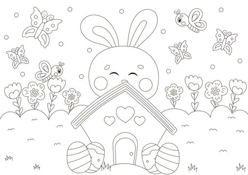 Cute coloring page for easter holidays with bunny character lying on house with easter eggs in scandinavian style