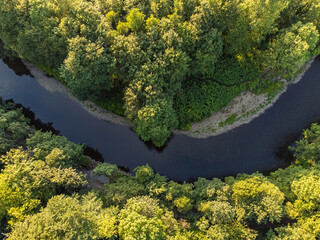 Aerial photo of a curvy river and green trees