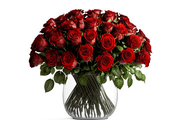 Big bouquet of red roses in a vase isolated white background. Illustration, Generative AI