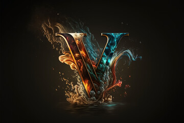Fototapeta na wymiar Letter V Logo made in 3D graphics with fire and water, fire and smoke, Typography Font or drop cap alphabet with stunning visual effects. Cinematic composition, Initial Letter