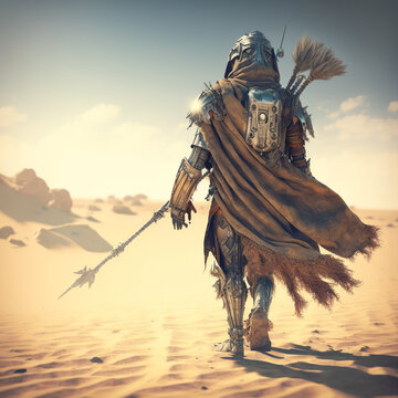 Robot hero wielding a spear walking alone in the desert