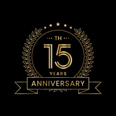 Fototapeta premium 15th Anniversary logo design with laurel wreath for celebration event, invitation, banner, poster, flyer, greeting card. Line Art Design, Logo Vector Illustration