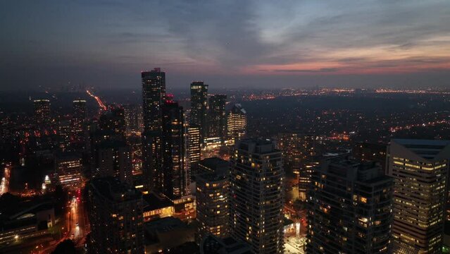 Aerial cinematic North York downtown Toronto sunset 3