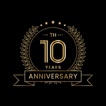 10th Anniversary logo design with laurel wreath for celebration event, invitation, banner, poster, flyer, greeting card. Line Art Design, Logo Vector Illustration