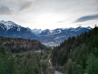 mountains in the snow, alps in austria, pine forest, nature