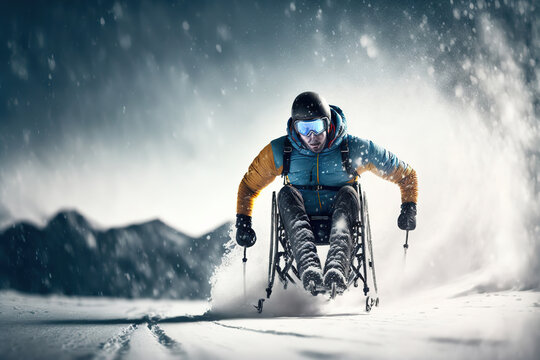 Disabled man skiing on snow with wheelchair