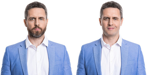 man face stubble collage before and after on background. before and after.