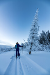 Woman in purple skiing outfit in winter wonderland area of northern Canada with blue sky background. 