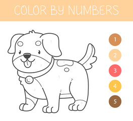 Color by numbers coloring book for kids with a dog. Coloring page with cute cartoon puppy. Monochrome black and white. Vector illustration.