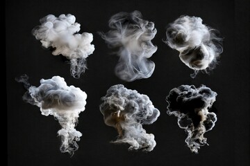 set of smoke or steam clouds flame isolated on black background
