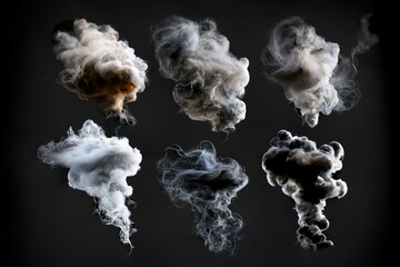 set of smoke or steam clouds flame isolated on black background