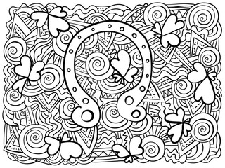 Horizontal doodle coloring book with good luck symbols - horseshoe and clover shamrocks, meditative colouring page for St. Patrick's Day