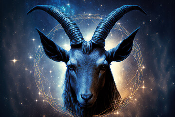 Zodiac sign of Capricorn, head of goat with magic light in space, generative AI.