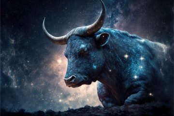 Zodiac sign of Taurus, bull with magical light in space at night, concept of horoscope, astrology, sky, star. 