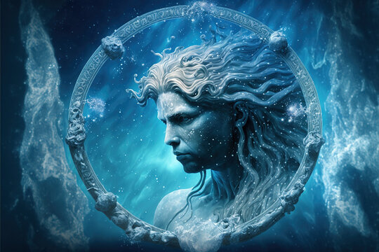 Zodiac sign of Aquarius, fictional man like god of water in ocean or sea, generative AI