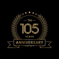 105th Anniversary logo design with laurel wreath for celebration event, invitation, banner, poster, flyer, greeting card. Line Art Design, Logo Vector Illustration