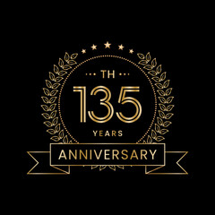 135th Anniversary logo design with laurel wreath for celebration event, invitation, banner, poster, flyer, greeting card. Line Art Design, Logo Vector Illustration