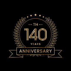 140th Anniversary logo design with laurel wreath for celebration event, invitation, banner, poster, flyer, greeting card. Line Art Design, Logo Vector Illustration