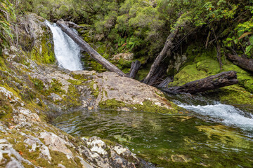 Waterfall view while hiking the Sendero Cascadas Escondidas in the Parque Nacional Pumalín Douglas...