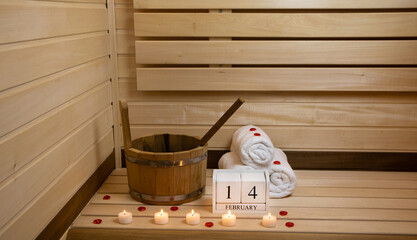 Valentine's Day, sauna. February 14 calendar, candles, bucket ,heart, copy space.The concept of...