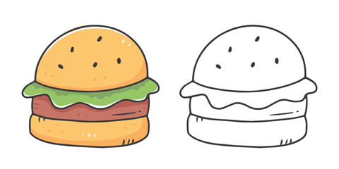 Burger coloring book with an example of coloring for children. Coloring page with food. Monochrome and color version. Vector children's illustration.