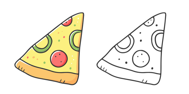 Pizza coloring book with an example of coloring for children. Coloring page with food. Monochrome and color version. Vector children's illustration.