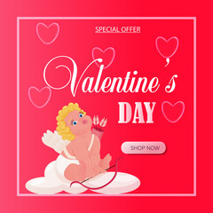 Valentines day sale banner with cupid and hearts for online shop. Social media template. Stories cover. Vector illustration.