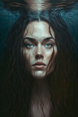 Underwater portrait of beautiful woman with long hair and deep look - generative ai