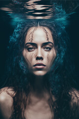 Underwater portrait of beautiful woman with long hair and deep look - generative ai