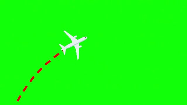Airplane flying on green screen, leaving dotted line path template, 4k animation
